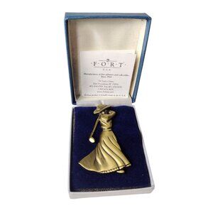 Fort USA Polished Pewter Edwardian Golfer Brooch Pin with Box Paperwork Vintage